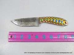 KNIFE 4" BLADE DAMASCUS FINISH - RED, GREEN, BLUE, YELLOW & NATURAL HANDLE W/ SHEATH