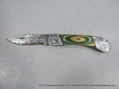 KNIFE 3" FOLDING BLADE DAMASCUS FINISH - GREEN & WHITE HANDLE W/ CASE
