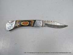 KNIFE 3" FOLDING BLADE DAMASCUS FINISH - BLACK, BROWN & NATURAL HANDLE W/ CASE
