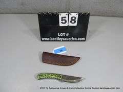 KNIFE 3-1/2" BLADE DAMASCUS FINISH - GREEN & WHITE HANDEL W/ SHEATH