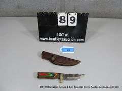 KNIFE 4" BLADE DAMASCUS FINISH - RED, GREEN, BLUE & YELLOW HANDLE W/ SHEATH
