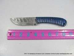 KNIFE 3-1/2" BLADE DAMASCUS FINISH - TWO TONE BLUE HANDLE W/ SHEATH