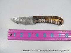 KNIFE 3" BLADE DAMASCUS FINISH - ORANGE & BLACK HANDLE W/ SHEATH