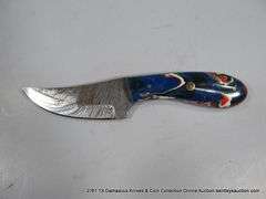 KNIFE 3" BLADE DAMASCUS FINISH - RED, GREEN, BLUE & WHITE HANDLE W/ SHEATH