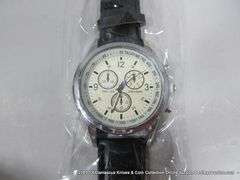 QUARTZ MENS WRISTWATCH W/ 3 SUB DIALS - BLACK BAND - WHITE FACE