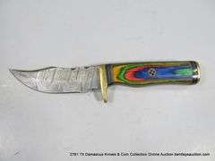 KNIFE 4" BLADE DAMASCUS FINISH - RED, GREEN, BLUE & YELLOW HANDLE W/ SHEATH