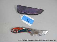 KNIFE 3" BLADE DAMASCUS FINISH - RED, GREEN, BLUE & WHITE HANDLE W/ SHEATH