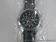 QUARTZ ANALOG MENS WRISTWATCH W/ 3 SUB DIALS - BLACK BAND - DARK BLUE FACE