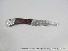 KNIFE 3" FOLDING DAMASCUS FINISH - RED & BLACK HANDLE W/ CASE