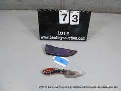 KNIFE 3" BLADE DAMASCUS FINISH - RED, GREEN, BLUE & WHITE HANDLE W/ SHEATH