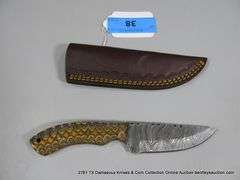 KNIFE 4" BLADE DAMASCUS FINISH - ORANGE, BLACK & NATURAL HANDLE W/ SHEATH
