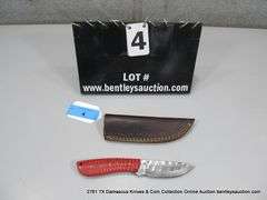 KNIFE 4" BLADE DAMASCUS FINISH - RED HANDLE W/ SHEATH