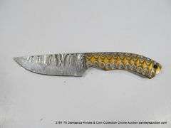 KNIFE 4" BLADE DAMASCUS FINISH - ORANGE, BLACK & NATURAL HANDLE W/ SHEATH