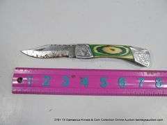 KNIFE 3" FOLDING BLADE DAMASCUS FINISH - GREEN & WHITE HANDLE W/ CASE