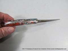 KNIFE 3" BLADE DAMASCUS FINISH - RED, GREEN, BLUE & WHITE HANDLE W/ SHEATH