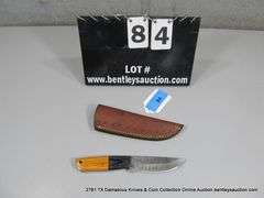 KNIFE 4" BLADE DAMASCUS FINISH - ORANGE & BLACK HANDLE W/ SHEATH