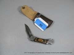 KNIFE 3" FOLDING BLADE DAMASCUS FINISH - BLACK, BROWN & NATURAL HANDLE W/ CASE
