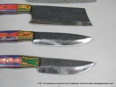 KNIFE ASSORTMENT 5" TO 9" BLADES CARBON FINISH - RED, BLUE, GREEN & NATURAL HANDLES