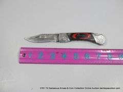 KNIFE 3" FOLDING DAMASCUS FINISH - RED & BLACK HANDLE W/ CASE