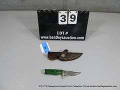 KNIFE 3" BLADE DAMASCUS FINISH - TWO TONE GREEN HANDLE W/ CASE