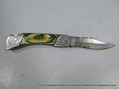 KNIFE 3" FOLDING BLADE DAMASCUS FINISH - GREEN & WHITE HANDLE W/ CASE