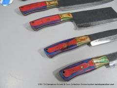 KNIFE ASSORTMENT 5" TO 9" BLADES CARBON FINISH - RED, BLUE, GREEN & NATURAL HANDLES