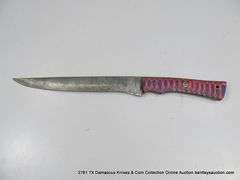 KNIFE 8" BLADE DAMASCUS FINISH - BLUE, MAGENTA, GREEN, RED & NATURAL HANDLE W/ SHEATH