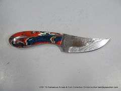 KNIFE 3" BLADE DAMASCUS FINISH - RED, GREEN, BLUE & WHITE HANDLE W/ SHEATH