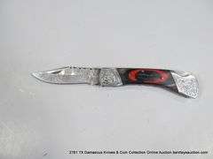 KNIFE 3" FOLDING DAMASCUS FINISH - RED & BLACK HANDLE W/ CASE