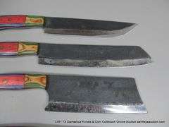 KNIFE ASSORTMENT 5" TO 9" BLADES CARBON FINISH - RED, BLUE, GREEN & NATURAL HANDLES