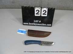 KNIFE 3-1/2" BLADE DAMASCUS FINISH - TWO TONE BLUE HANDLE W/ SHEATH