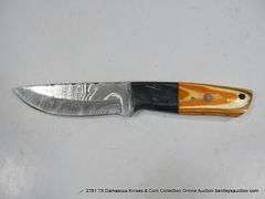 KNIFE 4" BLADE DAMASCUS FINISH - ORANGE & BLACK HANDLE W/ SHEATH