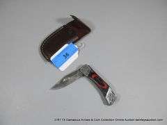 KNIFE 3" FOLDING DAMASCUS FINISH - RED & BLACK HANDLE W/ CASE