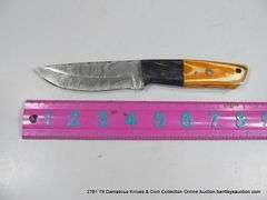 KNIFE 4" BLADE DAMASCUS FINISH - ORANGE & BLACK HANDLE W/ SHEATH