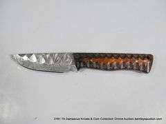 KNIFE 3-1/2" BLADE DAMASCUS FINISH - ORANGE & BLACK HANDLE W/ SHEATH