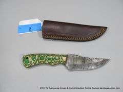 KNIFE 4" BLADE DAMASCUS FINISH - GREEN & NATURAL HANDLE W/ SHEATH