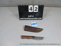 KNIFE 3-1/2" BLADE DAMASCUS FINISH - ORANGE & BLACK HANDLE W/ SHEATH