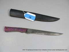 KNIFE 8" BLADE DAMASCUS FINISH - BLUE, MAGENTA, GREEN, RED & NATURAL HANDLE W/ SHEATH