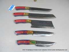 KNIFE ASSORTMENT 5" TO 9" BLADES CARBON FINISH - RED, BLUE, GREEN & NATURAL HANDLES