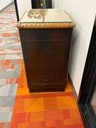 BLACK METAL 1-DOOR CABINET W/ CARVED WOOD TOP