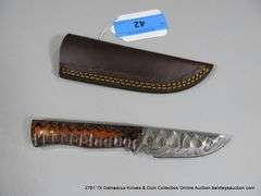 KNIFE 3-1/2" BLADE DAMASCUS FINISH - ORANGE & BLACK HANDLE W/ SHEATH