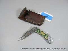 KNIFE 3" FOLDING BLADE DAMASCUS FINISH - GREEN & WHITE HANDLE W/ CASE