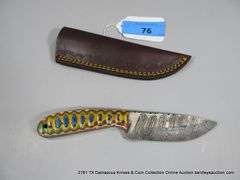KNIFE 4" BLADE DAMASCUS FINISH - RED, GREEN, BLUE, YELLOW & NATURAL HANDLE W/ SHEATH