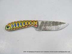 KNIFE 4" BLADE DAMASCUS FINISH - RED, GREEN, BLUE, YELLOW & NATURAL HANDLE W/ SHEATH
