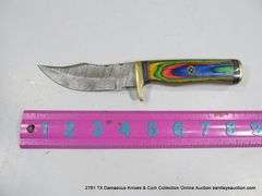KNIFE 4" BLADE DAMASCUS FINISH - RED, GREEN, BLUE & YELLOW HANDLE W/ SHEATH