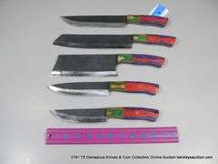 KNIFE ASSORTMENT 5" TO 9" BLADES CARBON FINISH - RED, BLUE, GREEN & NATURAL HANDLES