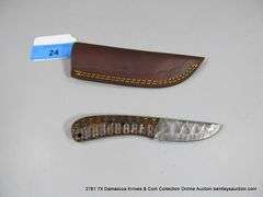 KNIFE 3" BLADE DAMASCUS FINISH - ORANGE & BLACK HANDLE W/ SHEATH