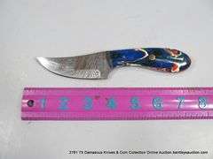 KNIFE 3" BLADE DAMASCUS FINISH - RED, GREEN, BLUE & WHITE HANDLE W/ SHEATH