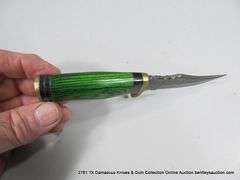 KNIFE 3" BLADE DAMASCUS FINISH - TWO TONE GREEN HANDLE W/ CASE