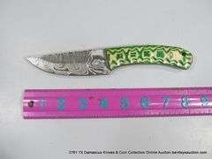 KNIFE 3-1/2" BLADE DAMASCUS FINISH - GREEN & WHITE HANDEL W/ SHEATH